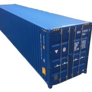 A 40FT High Cube Shipping Container showcased at a shipping terminal, emphasizing its sturdy construction and spacious interior. The container is shown with its doors open, highlighting the additional height and capacity for transporting and storing large items.